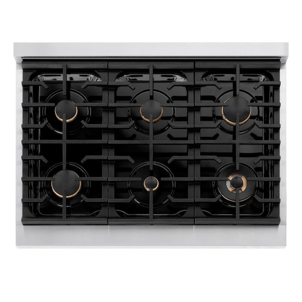 ZLINE Autograph Edition Paramount 36-inch range in stainless steel with black matte door and champagne bronze accents SGRZ-BLM-36-CB, from above