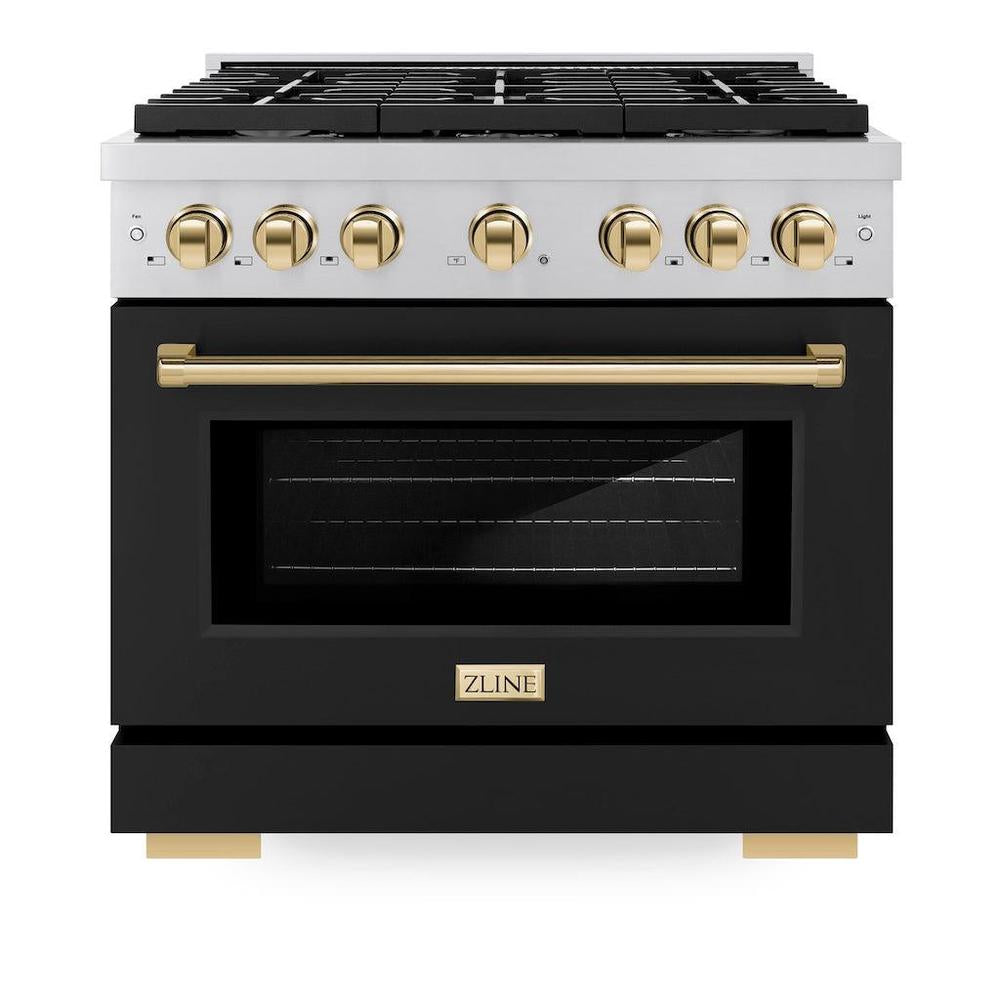 ZLINE Autograph Edition Paramount 36-inch range in stainless steel with black matte door and polished gold accents SGRZ-BLM-36-G, front view