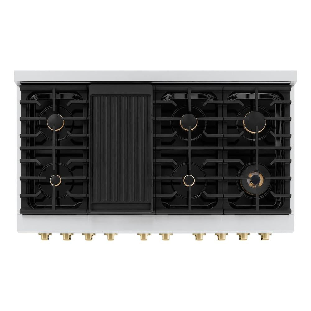 ZLINE Autograph Edition Paramount 48-inch range in stainless steel with black matte door and champagne bronze accents SGRZ-BLM-48-CB, from above
