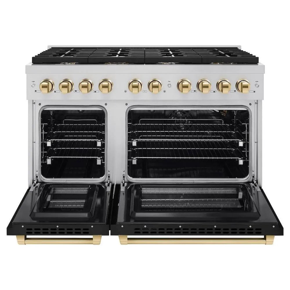 ZLINE Autograph Edition Paramount 48-inch range in stainless steel with black matte door and polished gold accents SGRZ-BLM-48-G, front view