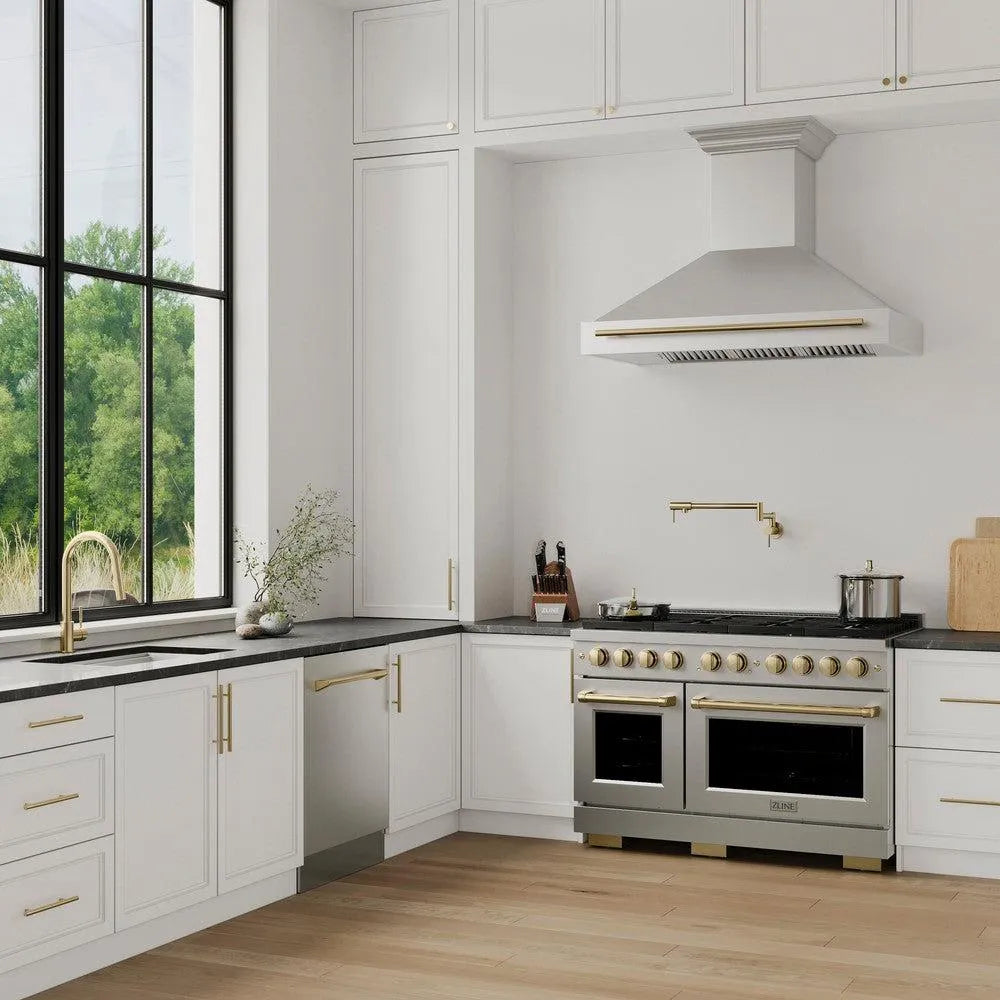 ZLINE Autograph Edition 48-inch range hood in stainless steel and polished gold accents 8654STZ-48-G, view 2