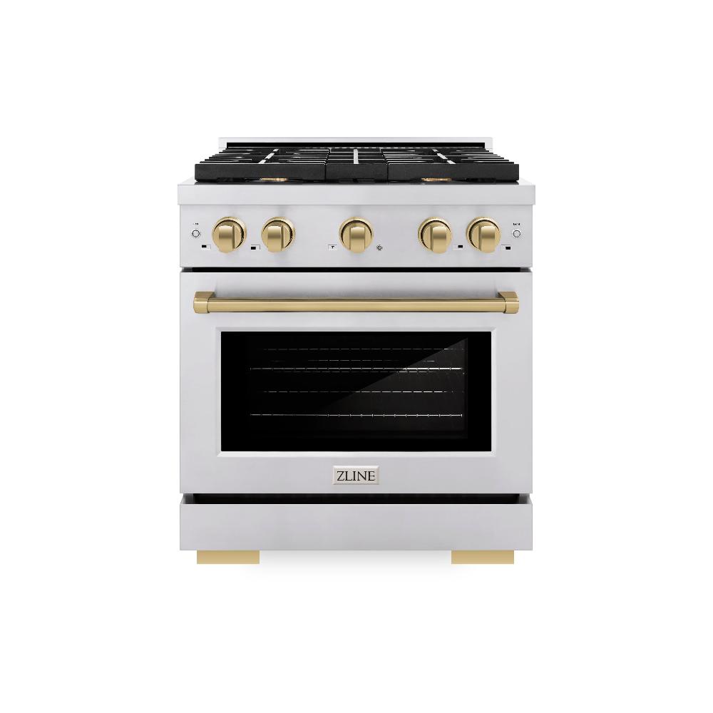 ZLINE Autograph Edition Paramount 30-inch range in stainless steel and champagne bronze accents SDRZ-30-CB, front view