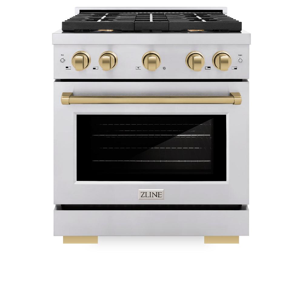 ZLINE Autograph Edition Paramount 30-inch range in stainless steel and champagne bronze accents SDRZ-30-CB, front view