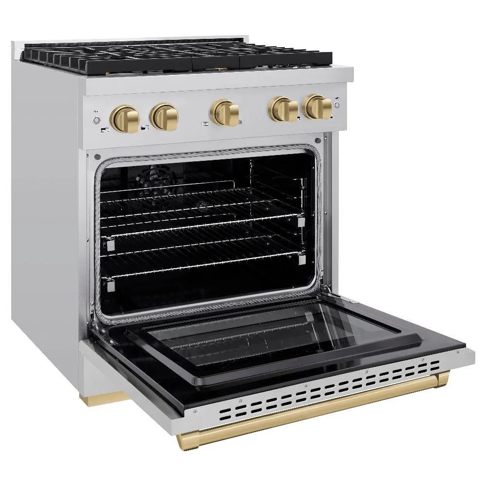 ZLINE Autograph Edition Paramount 30-inch range in stainless steel and champagne bronze accents SDRZ-30-CB, door open