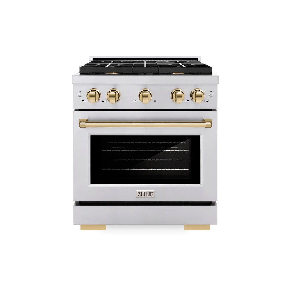 ZLINE Autograph Edition Paramount 30-inch range in stainless steel and polished gold accents SDRZ-30-G, front view