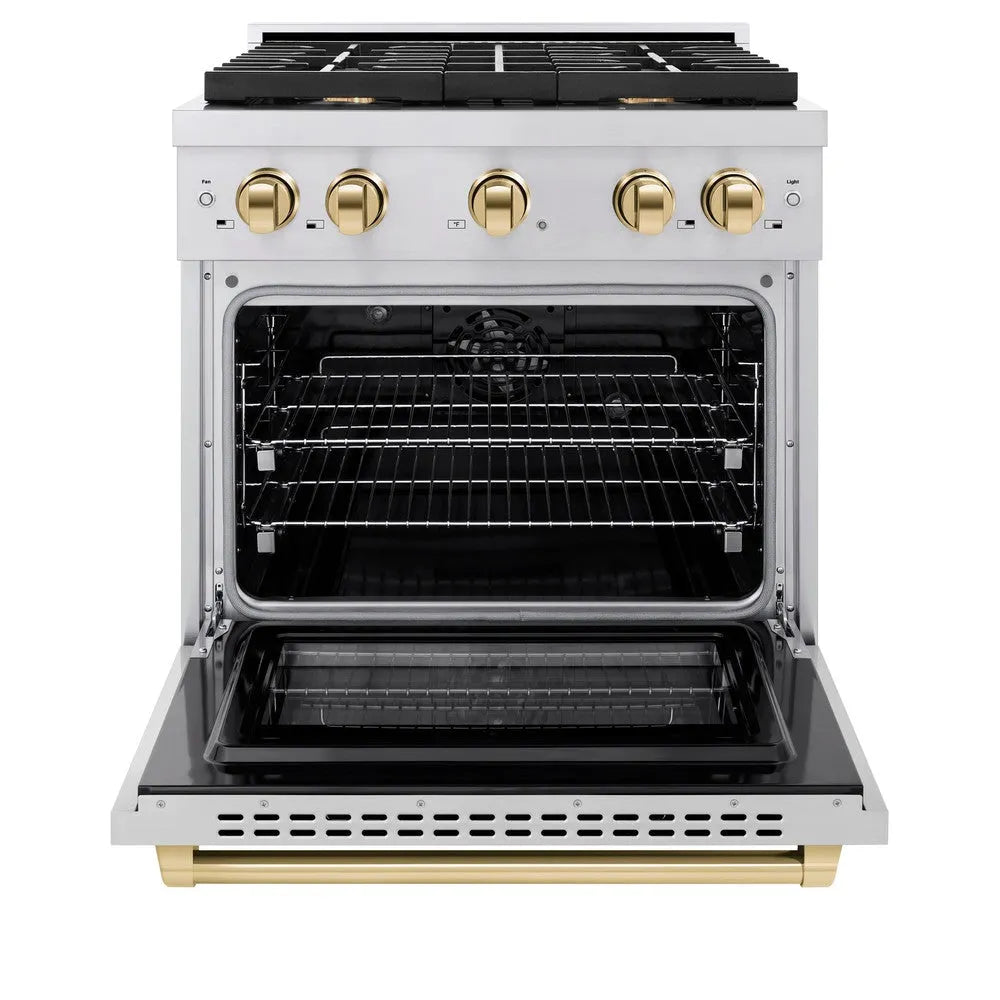 ZLINE Autograph Edition Paramount 30-inch range in stainless steel and polished gold accents SDRZ-30-G, front view