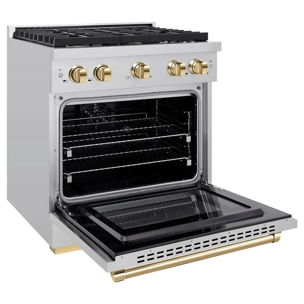 ZLINE Autograph Edition Paramount 30-inch range in stainless steel and polished gold accents SDRZ-30-G, door open