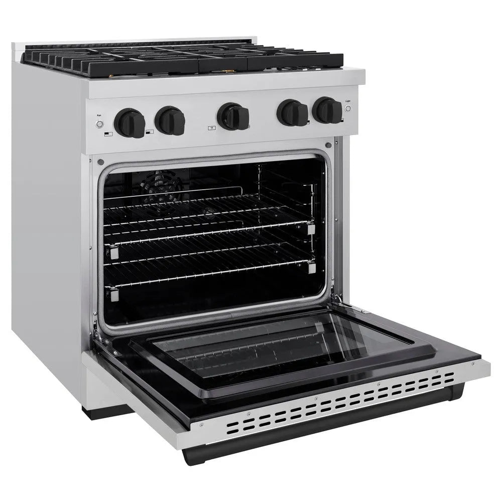 ZLINE Autograph Edition Paramount 30-inch range in stainless steel and matte black accents SDRZ-30-MB, door open