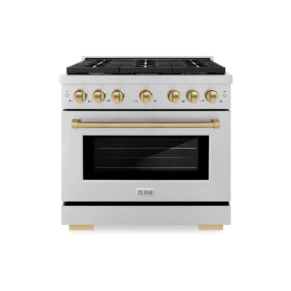 ZLINE Autograph Edition Paramount 36-inch range in stainless steel and champagne bronze accents SDRZ-36-CB, front view
