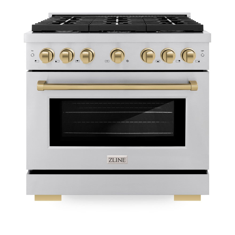 ZLINE Autograph Edition Paramount 36-inch range in stainless steel and champagne bronze accents SDRZ-36-CB, front view