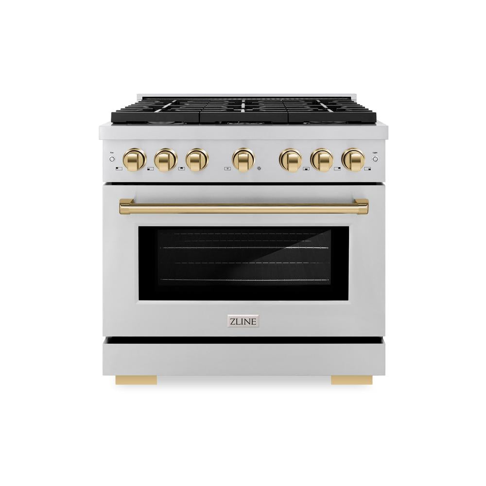 ZLINE Autograph Edition Paramount 36-inch range in stainless steel and polished gold accents SDRZ-36-G, front view