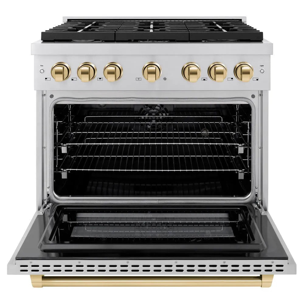 ZLINE Autograph Edition Paramount 36-inch range in stainless steel and polished gold accents SDRZ-36-G, front view