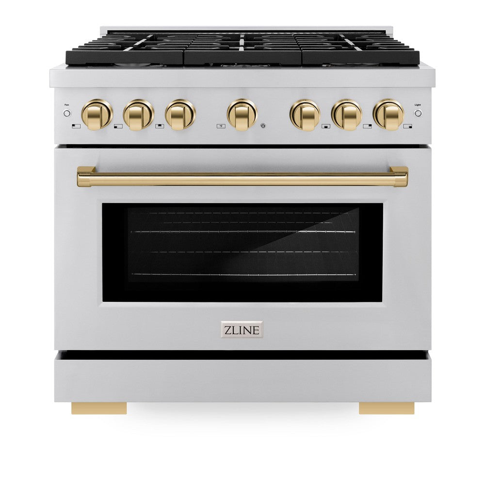 ZLINE Autograph Edition Paramount 36-inch range in stainless steel and polished gold accents SDRZ-36-G, front view