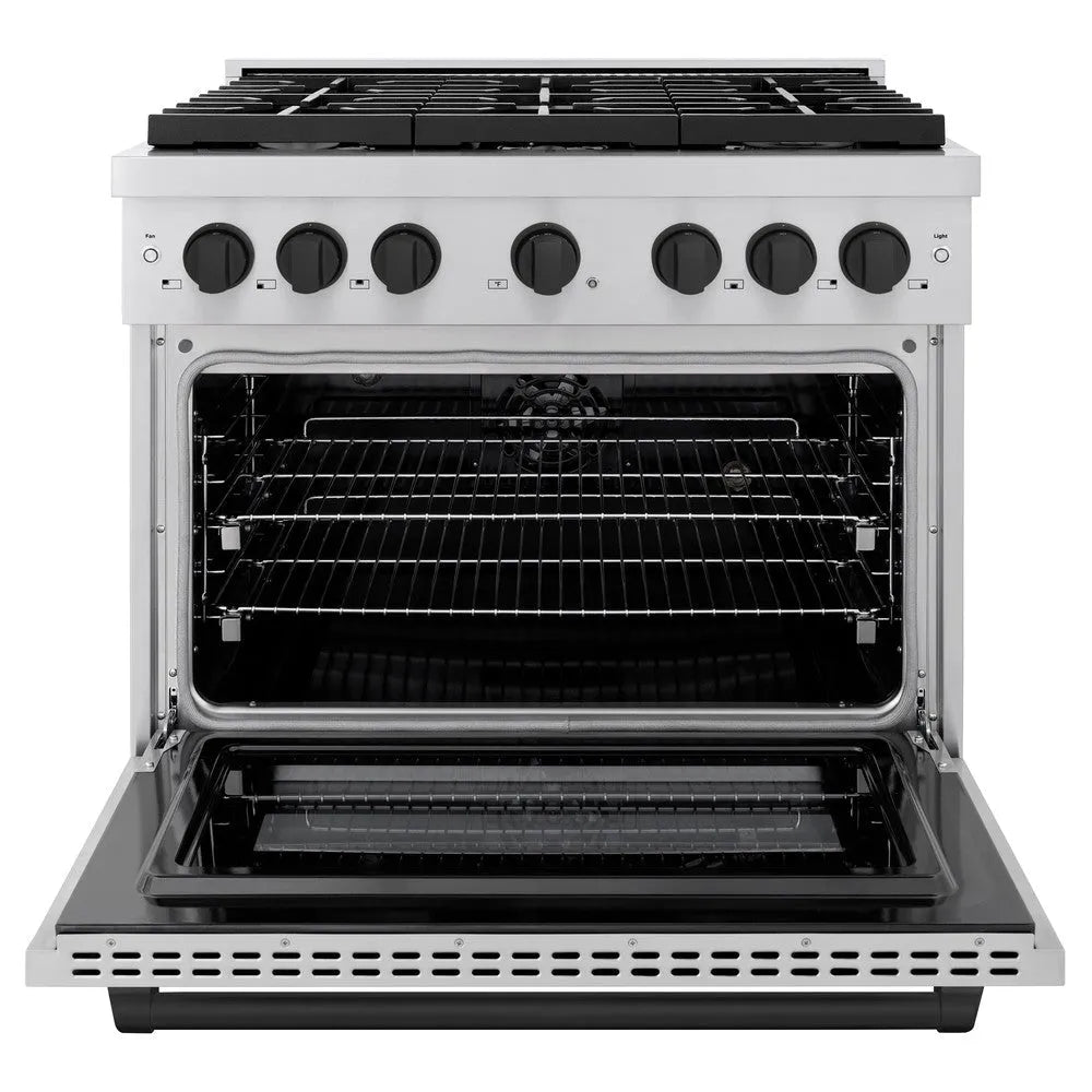 ZLINE Autograph Edition Paramount 36-inch range in stainless steel and matte black accents SDRZ-36-MB, front view