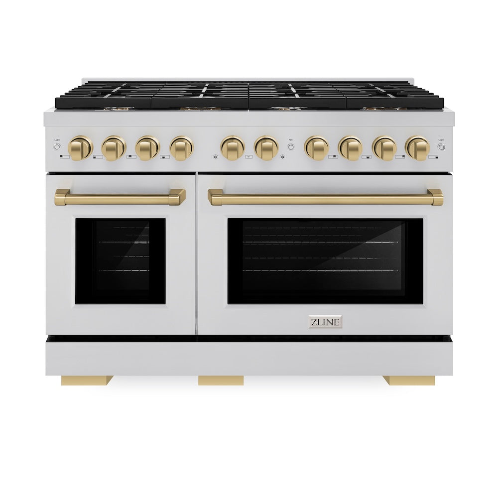 ZLINE Autograph Edition Paramount 48-inch range in stainless steel and champagne bronze accents SDRZ-48-CB, front view