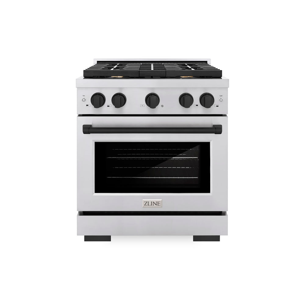 ZLINE Autograph Edition Paramount 30-inch range in stainless steel and matte black accents SGRZ-30-MB, front view