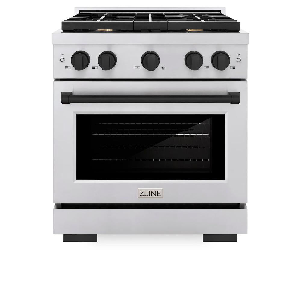 ZLINE Autograph Edition Paramount 30-inch range in stainless steel and matte black accents SGRZ-30-MB, front view