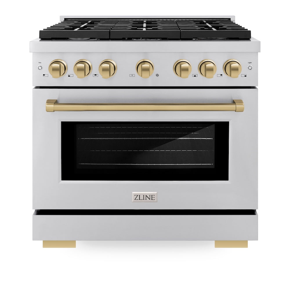 ZLINE Autograph Edition Paramount 36-inch range in stainless steel and champagne bronze accents SGRZ-36-CB, front view