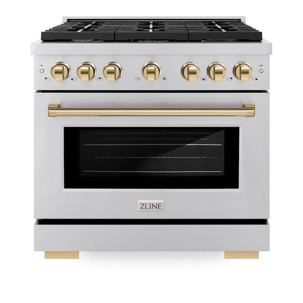 ZLINE Autograph Edition Paramount 36-inch range in stainless steel and polished gold accents SGRZ-36-G, front view