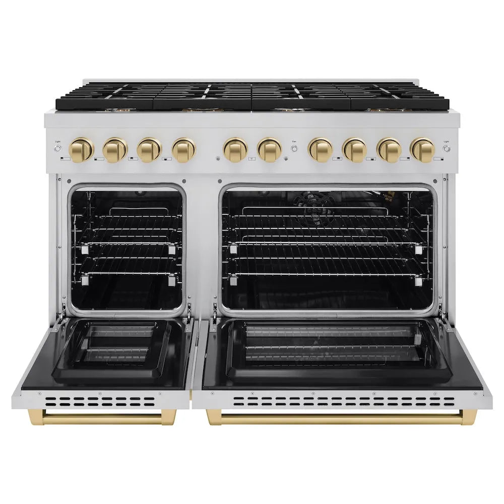 ZLINE Autograph Edition Paramount 48-inch range in stainless steel and champagne bronze accents SGRZ-48-CB, front view