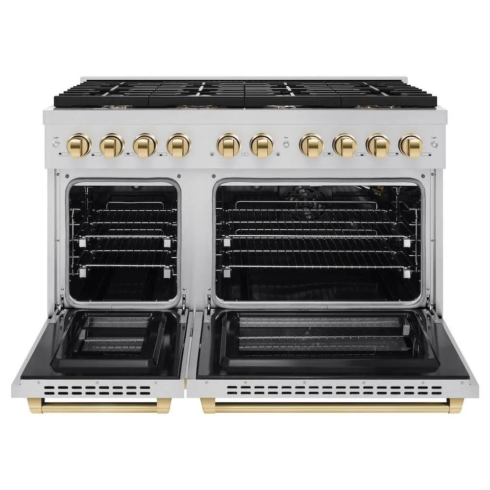 ZLINE Autograph Edition Paramount 48-inch range in stainless steel and polished gold accents SGRZ-48-G, front view