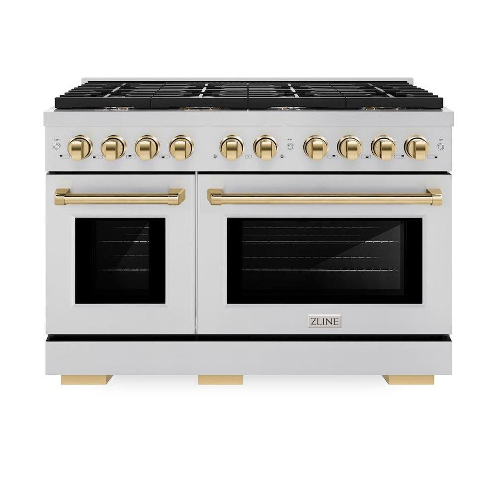ZLINE Autograph Edition Paramount 48-inch range in stainless steel and polished gold accents SGRZ-48-G, front view