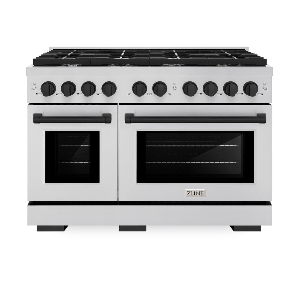 ZLINE Autograph Edition Paramount 48-inch range in stainless steel and matte black accents SGRZ-48-MB, front view