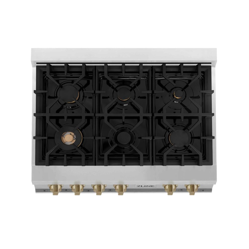 ZLINE Autograph Edition Legacy 36-inch rangetop in stainless steel and champagne bronze accents RTZ-36-CB, from above