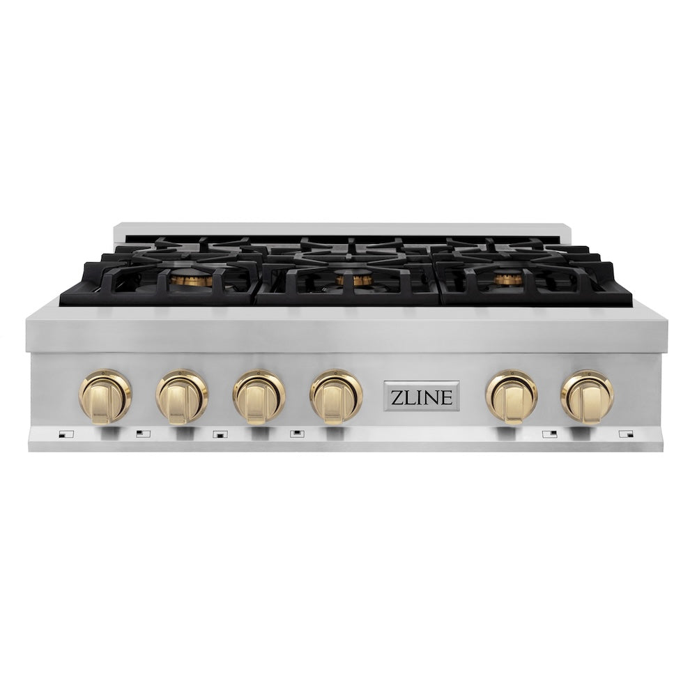 ZLINE Autograph Edition Legacy 36-inch rangetop in stainless steel and polished gold accents RTZ-36-G, front view