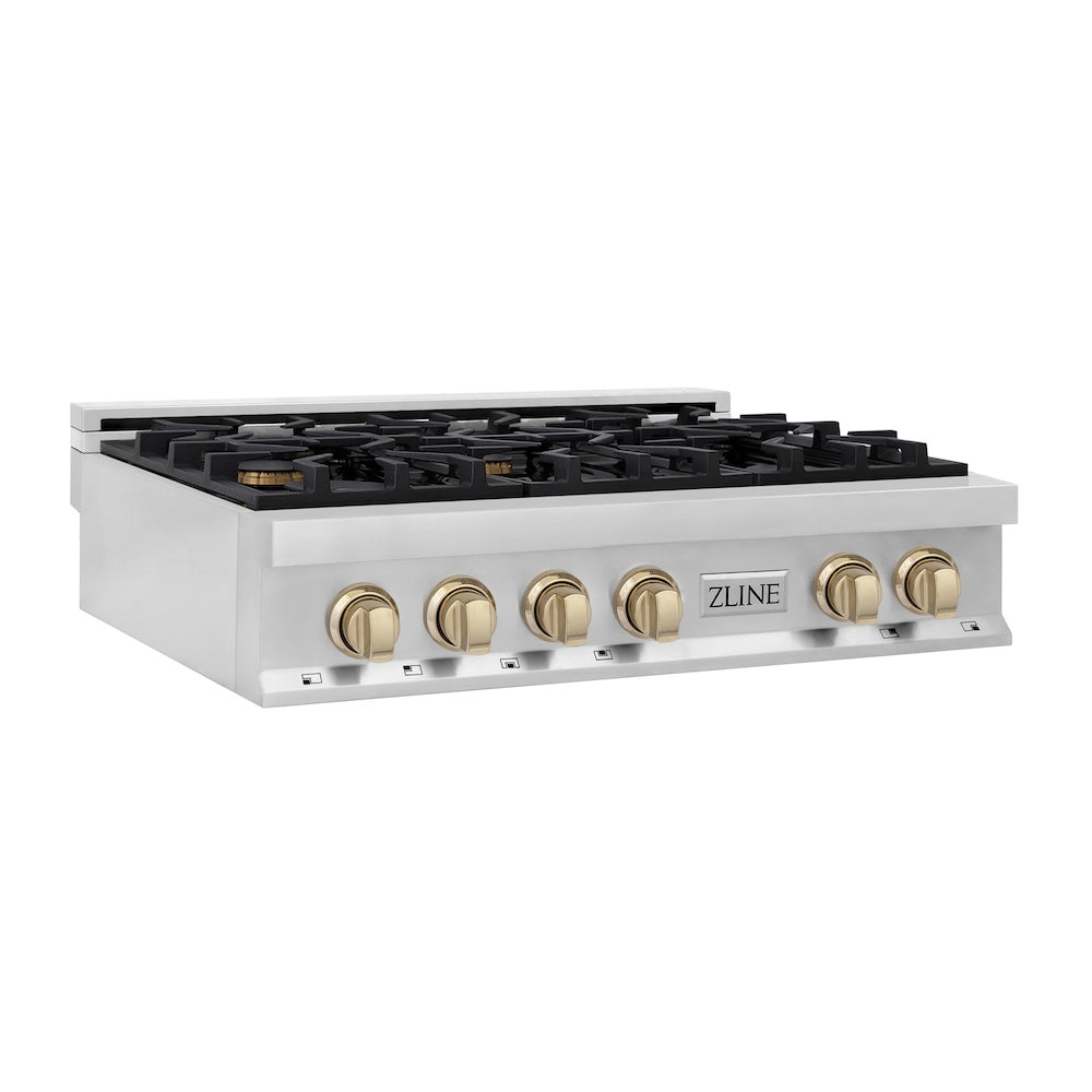 ZLINE Autograph Edition Legacy 36-inch rangetop in stainless steel and polished gold accents RTZ-36-G, from above