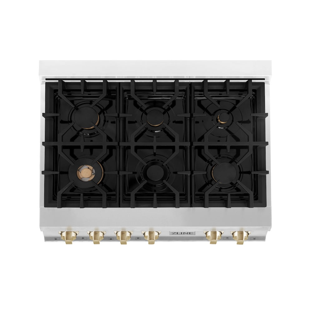 ZLINE Autograph Edition Legacy 36-inch rangetop in stainless steel and polished gold accents RTZ-36-G, from above