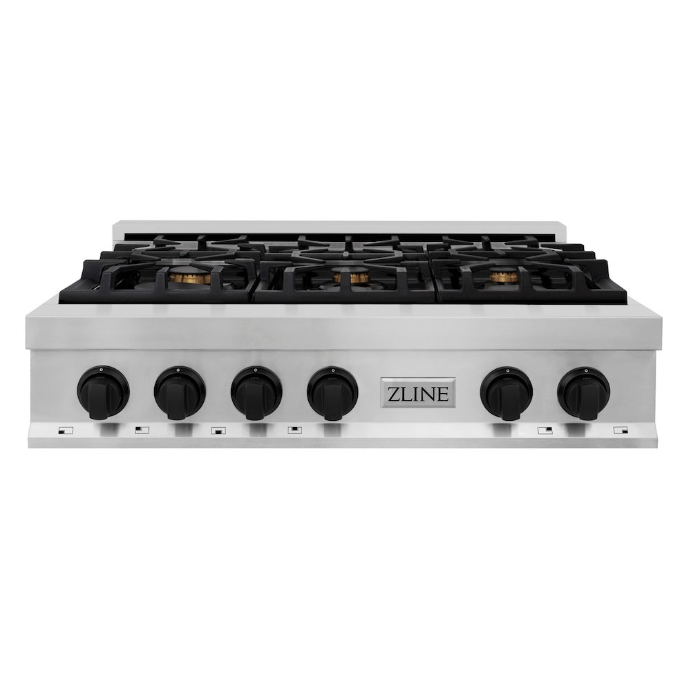 ZLINE Autograph Edition Legacy 36-inch rangetop in stainless steel and matte black accents RTZ-36-MB, front view