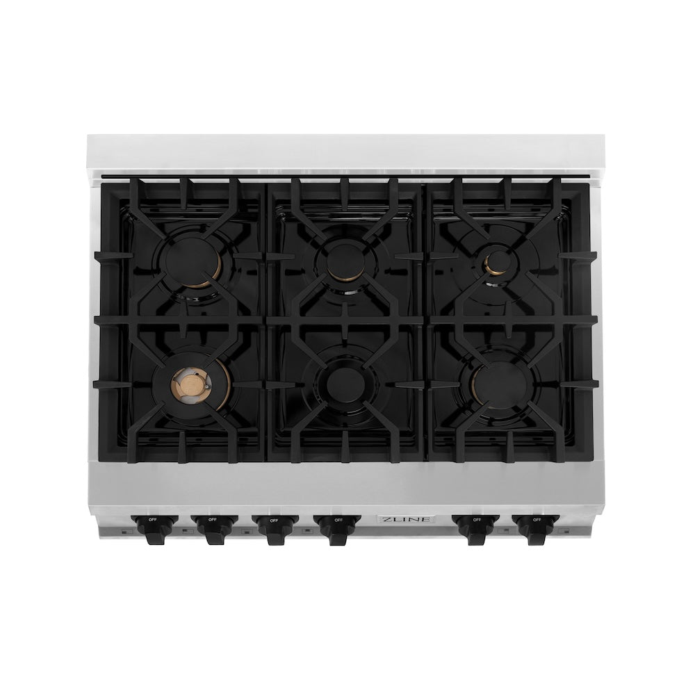 ZLINE Autograph Edition Legacy 36-inch rangetop in stainless steel and matte black accents RTZ-36-MB, from above