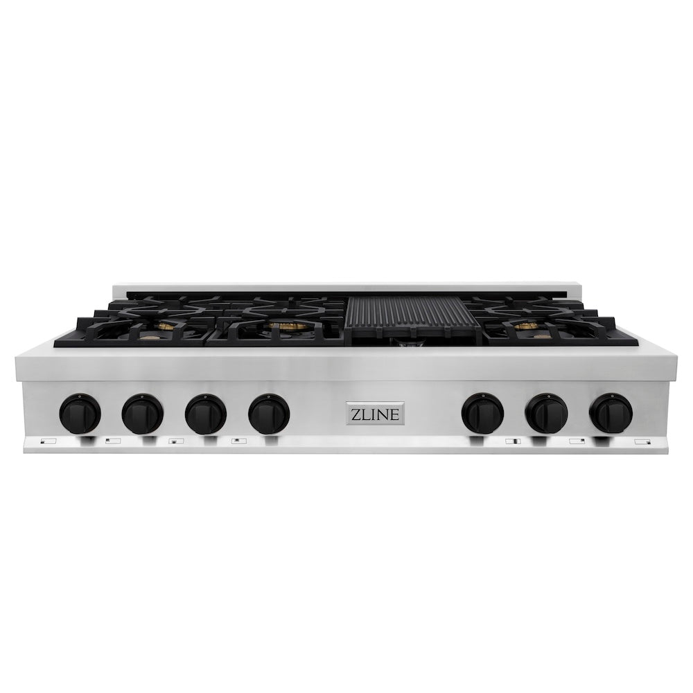 ZLINE Autograph Edition Legacy 48-inch rangetop in stainless steel and matte black accents RTZ-48-MB, front view