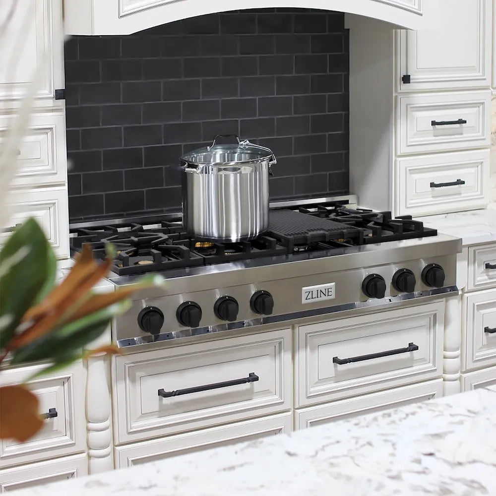ZLINE Autograph Edition Legacy 48-inch rangetop in stainless steel and matte black accents RTZ-48-MB, from above