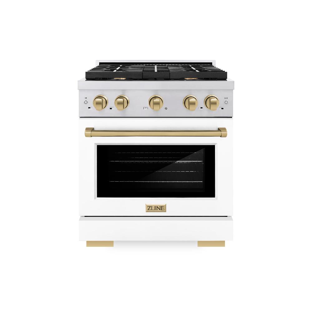 ZLINE Autograph Edition Paramount 30-inch range in stainless steel with white matte door and champagne bronze accents SDRZ-WM-30-CB, front view