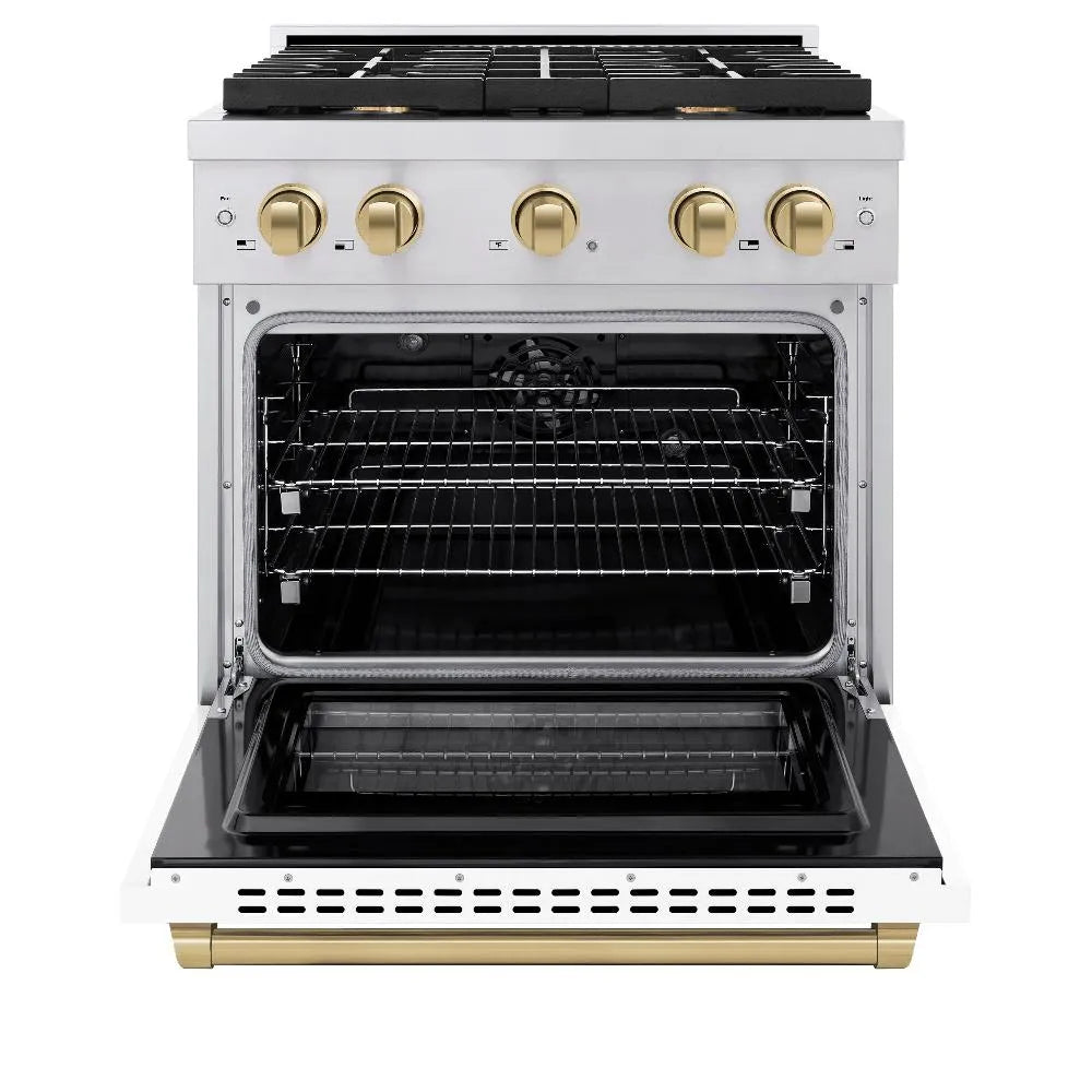 ZLINE Autograph Edition Paramount 30-inch range in stainless steel with white matte door and champagne bronze accents SDRZ-WM-30-CB, front view