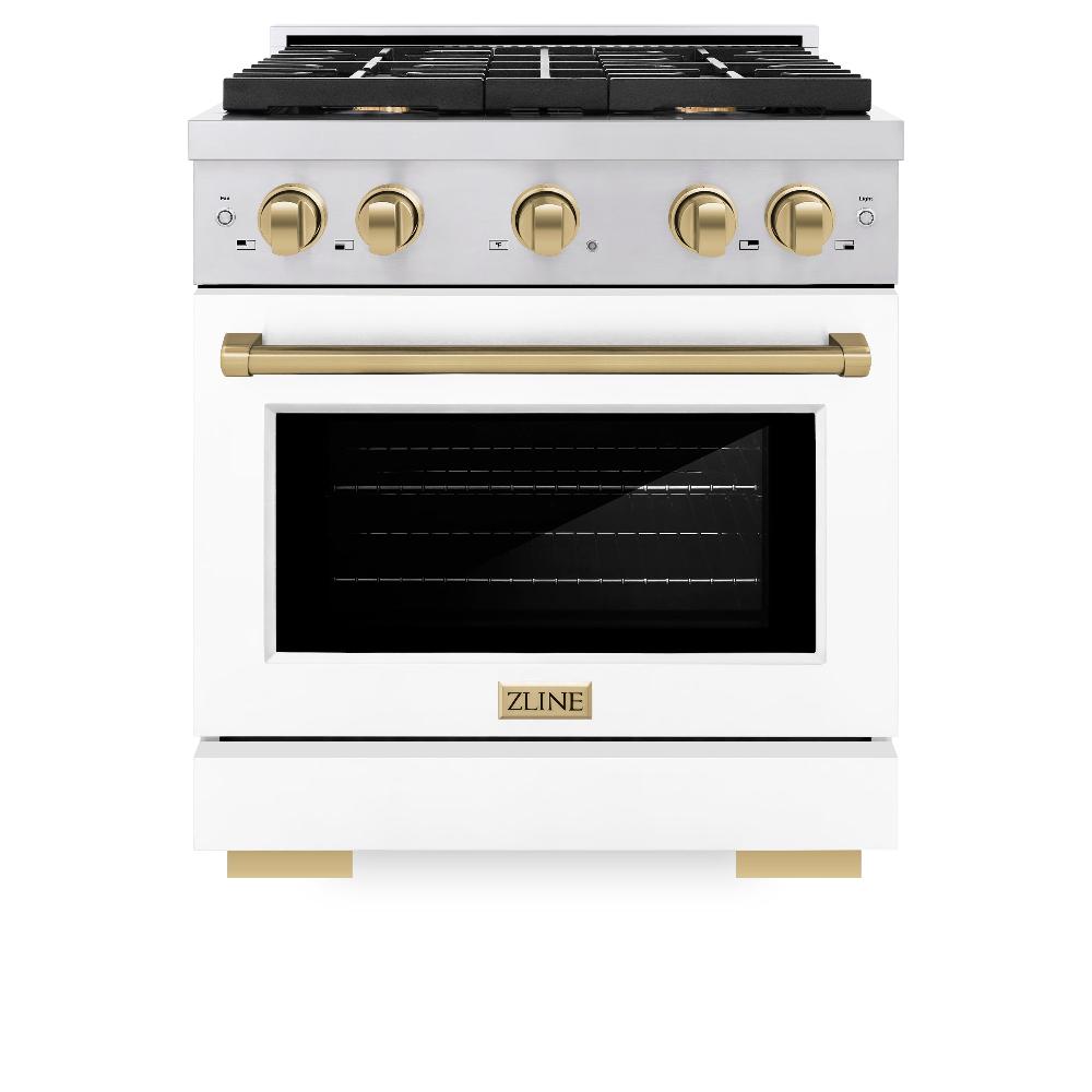 ZLINE Autograph Edition Paramount 30-inch range in stainless steel with white matte door and champagne bronze accents SDRZ-WM-30-CB, front view