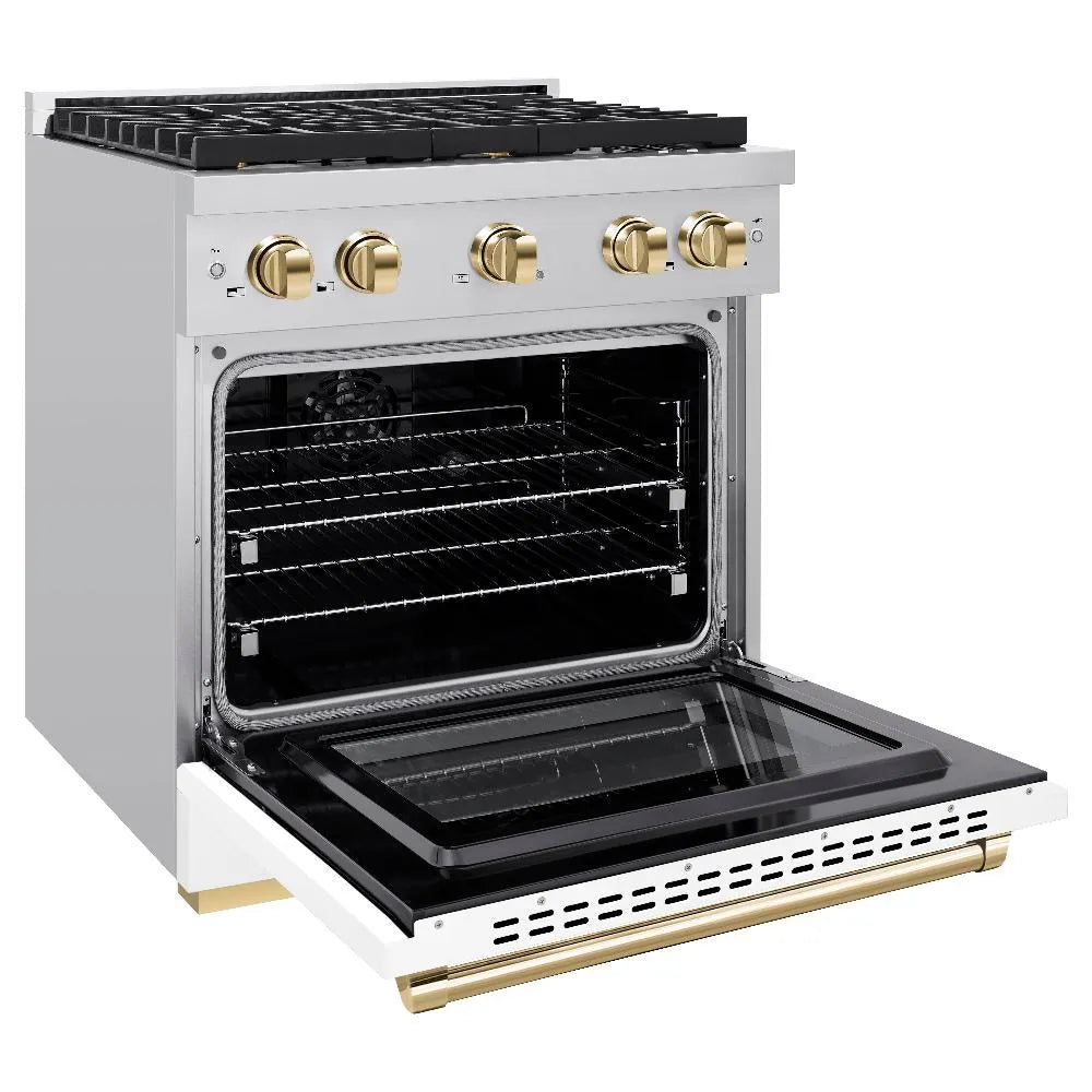 ZLINE Autograph Edition Paramount 30-inch range in stainless steel with white matte door and polished gold accents SDRZ-WM-30-G, door open
