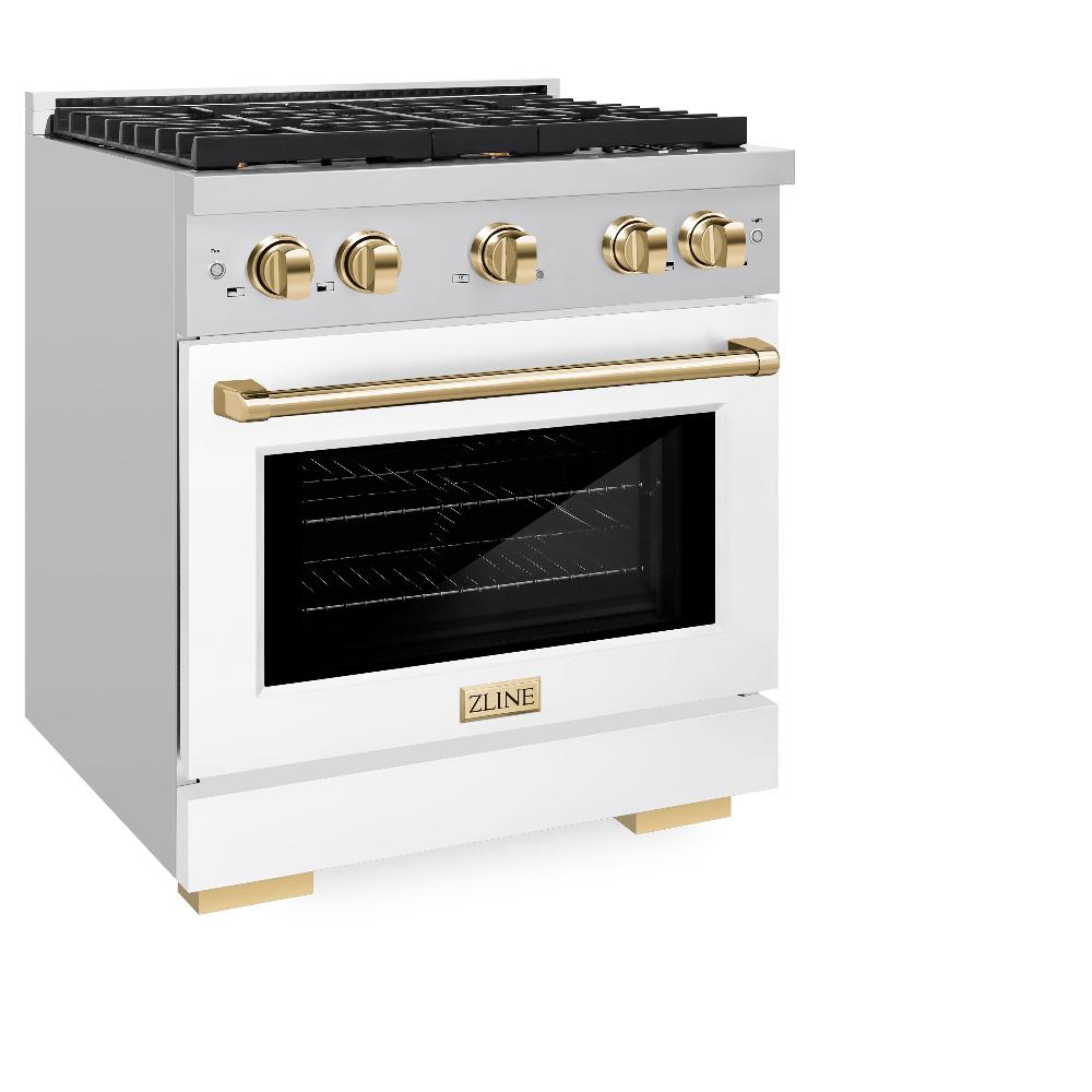 ZLINE Autograph Edition Paramount 30-inch range in stainless steel with white matte door and polished gold accents SDRZ-WM-30-G, view 3