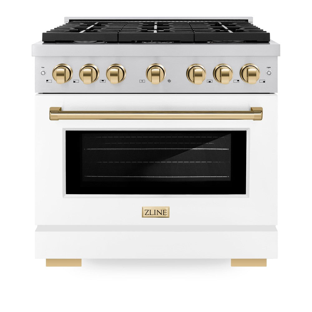 ZLINE Autograph Edition Paramount 36-inch range in stainless steel with white matte door and polished gold accents SDRZ-WM-36-G, front view