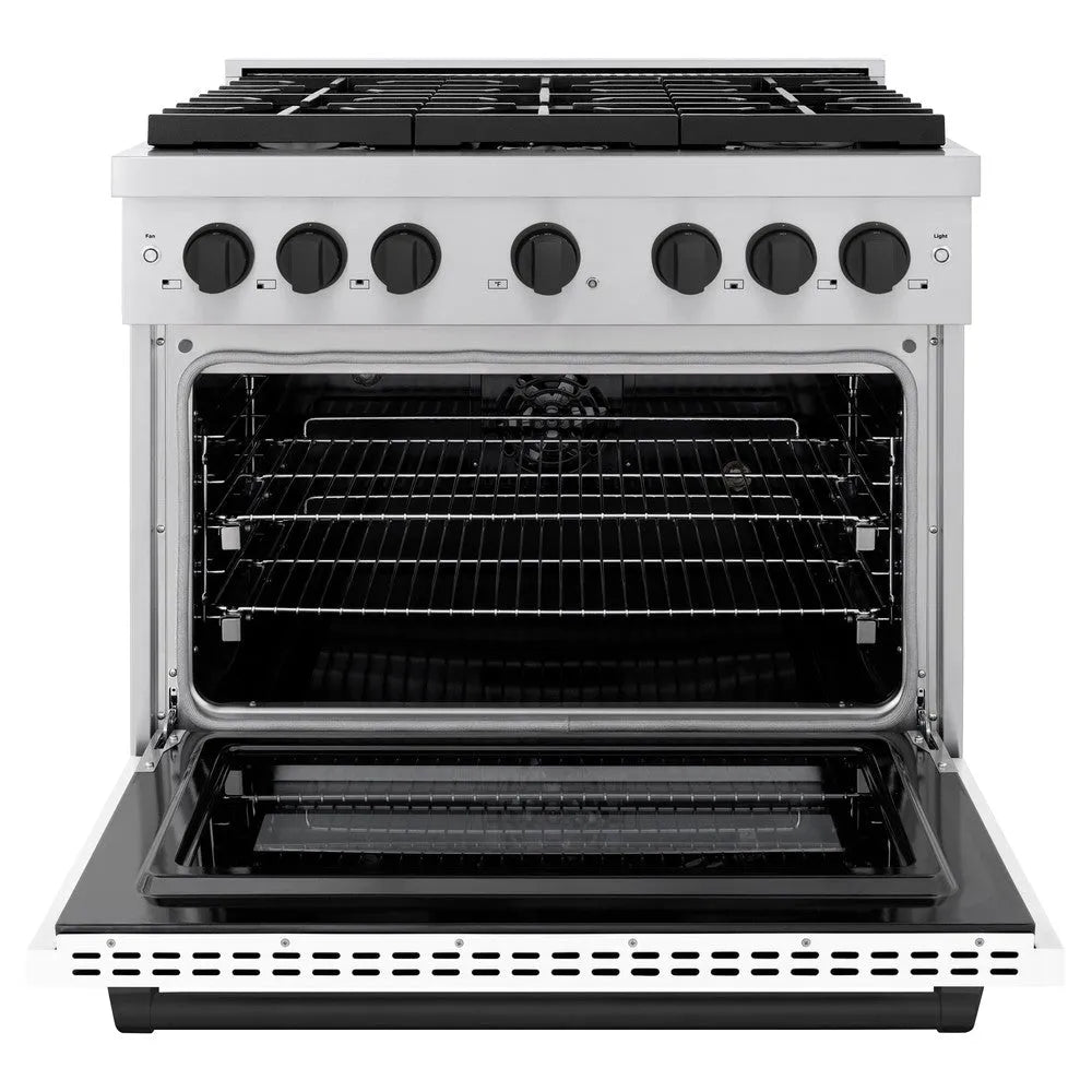 ZLINE Autograph Edition Paramount 36-inch range in stainless steel with white matte door and matte black accents SDRZ-WM-36-MB, front view