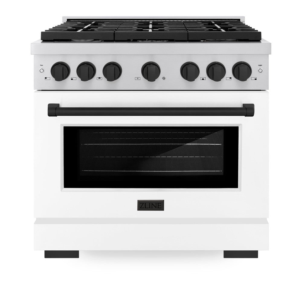 ZLINE Autograph Edition Paramount 36-inch range in stainless steel with white matte door and matte black accents SDRZ-WM-36-MB, front view