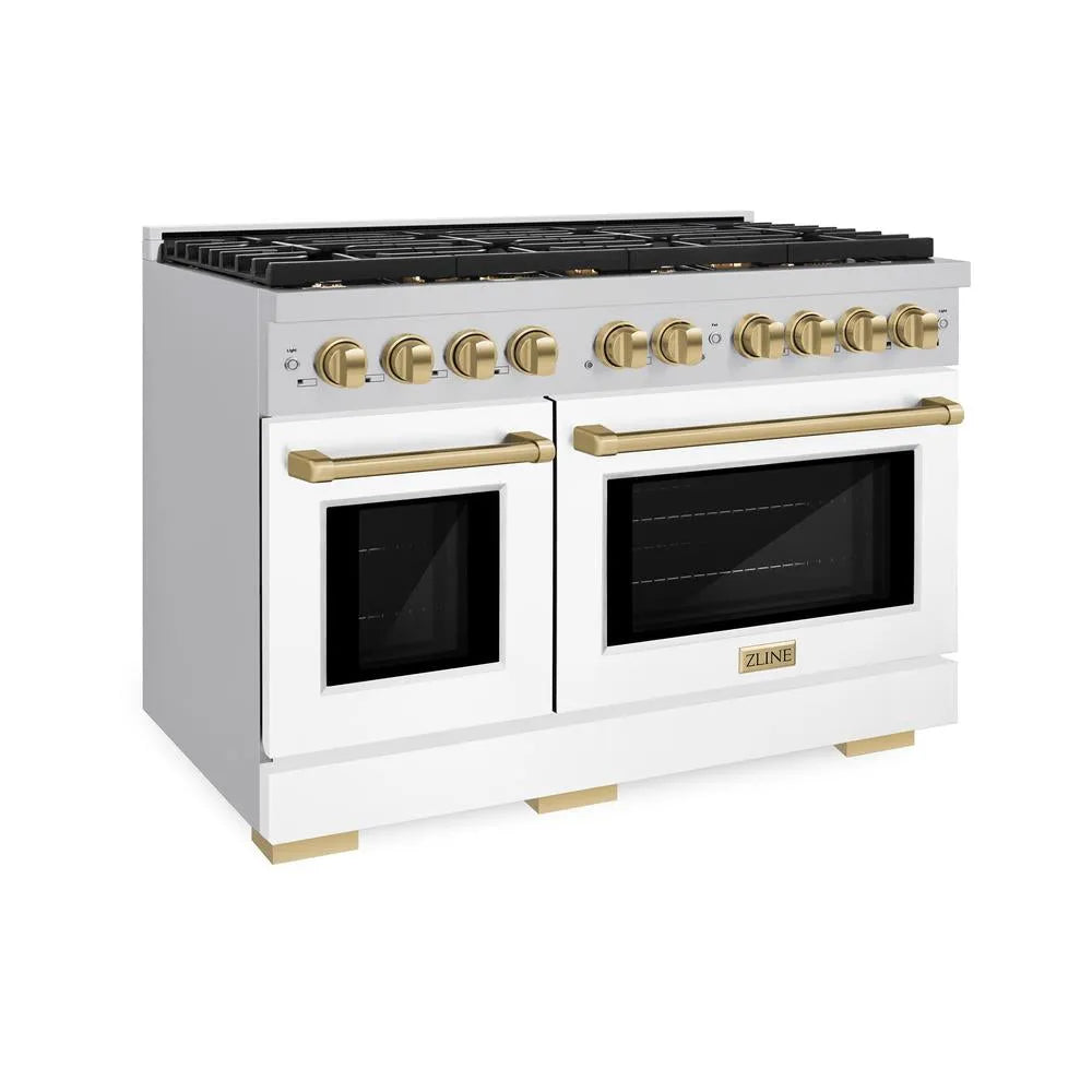 ZLINE Autograph Edition Paramount 48-inch range in stainless steel with white matte door and champagne bronze accents SDRZ-WM-48-CB