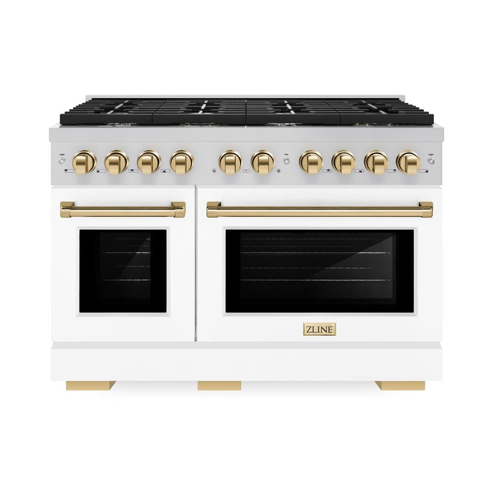 ZLINE Autograph Edition Paramount 48-inch range in stainless steel with white matte door and polished gold accents SDRZ-WM-48-G, front view