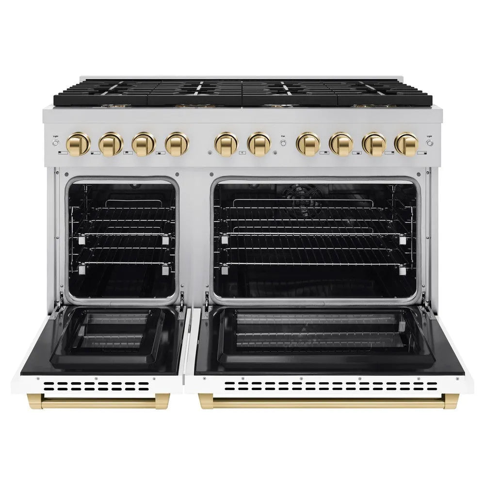 ZLINE Autograph Edition Paramount 48-inch range in stainless steel with white matte door and polished gold accents SDRZ-WM-48-G, front view