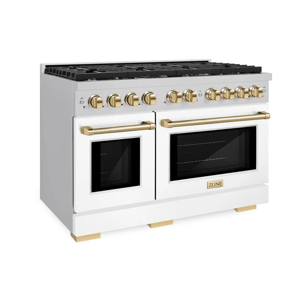 ZLINE Autograph Edition Paramount 48-inch range in stainless steel with white matte door and polished gold accents SDRZ-WM-48-G