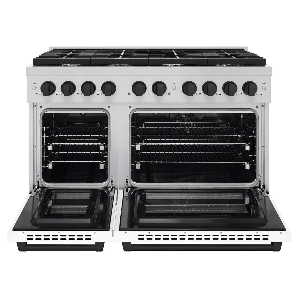 ZLINE Autograph Edition Paramount 48-inch range in stainless steel with white matte door and matte black accents SDRZ-WM-48-MB, front view