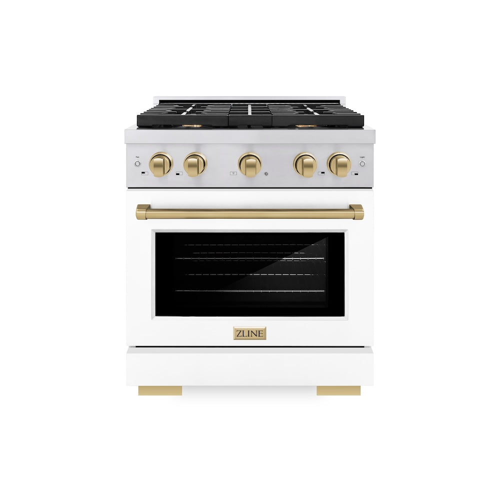 ZLINE Autograph Edition Paramount 30-inch range in stainless steel with white matte door and champagne bronze accents SGRZ-WM-30-CB, front view