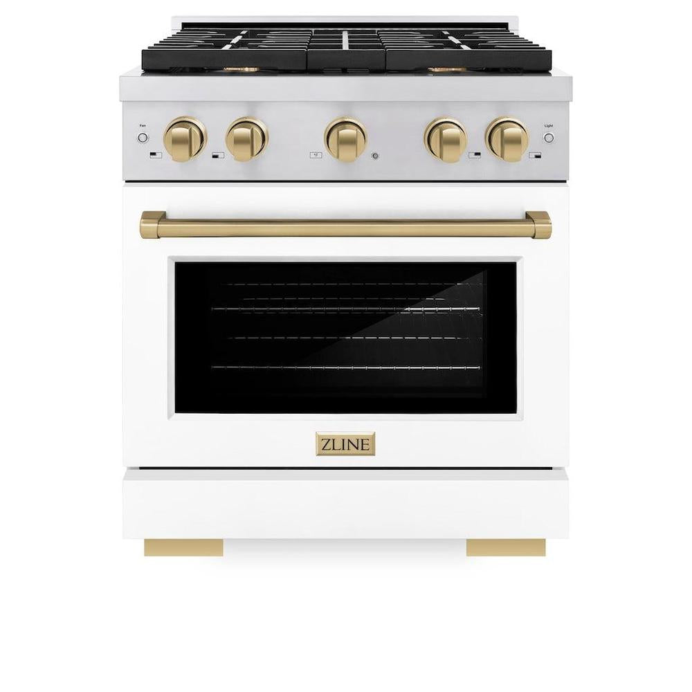 ZLINE Autograph Edition Paramount 30-inch range in stainless steel with white matte door and champagne bronze accents SGRZ-WM-30-CB, front view